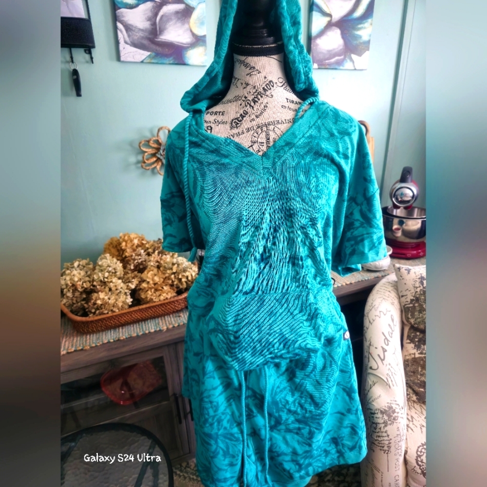 Lane Bryant Teal Hooded Knit Shorts Set
